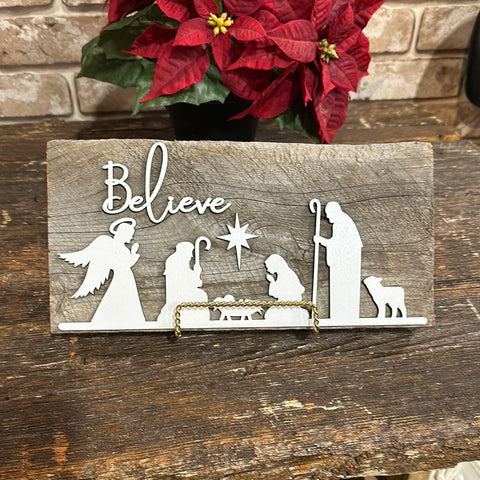 Believe Nativity Scene Authentic Barn Wood Sign 6” x 12” 3D Cut Letters