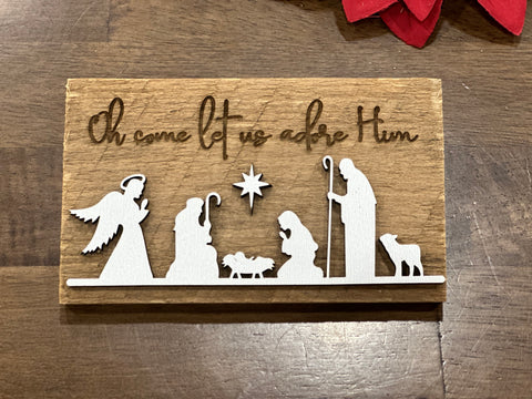 Oh Come Let Us Adore Him Nativity Scene Mini Barnwood Magnet made with Authentic Barn Wood 3" x 5"