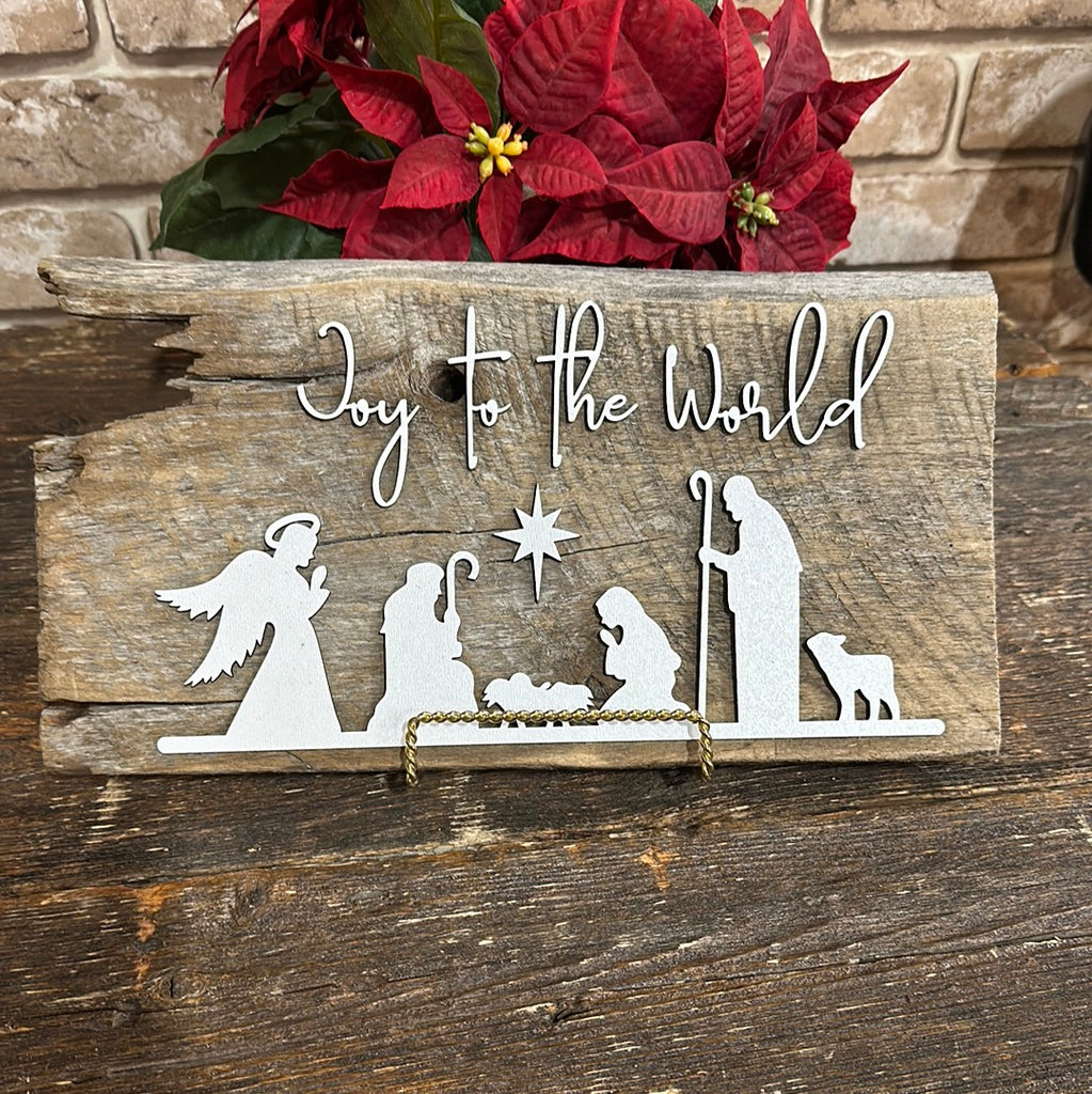 Joy to the World Nativity Scene Authentic Barn Wood Sign 6” x 12” 3D Cut Letters
