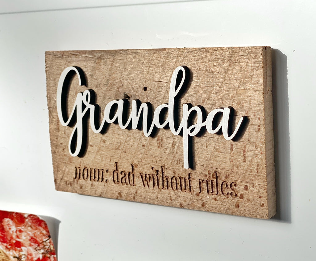 Grandpa noun: dad without rules - definition Mini Barnwood Magnet made with Authentic Barn Wood 3" x 5"