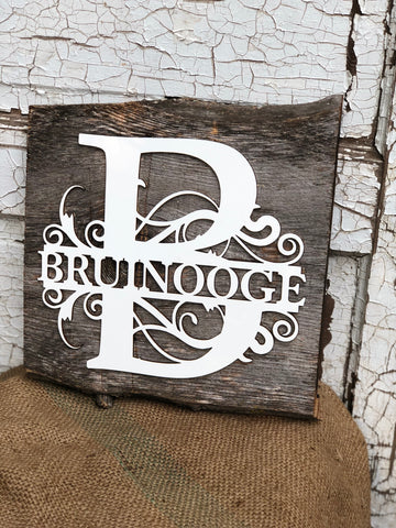 Custom Split Monogram Letter Authentic Barn Wood Sign 12" x 12" with Personalized 3D cut wood letters