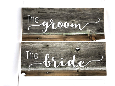 The Bride and The Groom SET Authentic Barn Wood Signs 7-8" x 16” with 3D cut letters