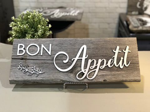 Bon Appetite Authentic Barn Wood Sign 7-8” x 20” with 3D cut letters