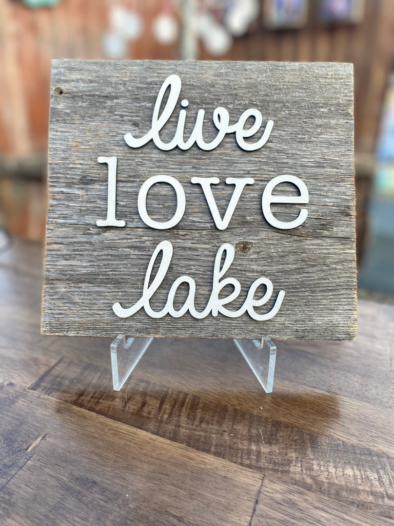live LOVE lake Authentic Barn Wood 9" x 9” with 3D cut letters