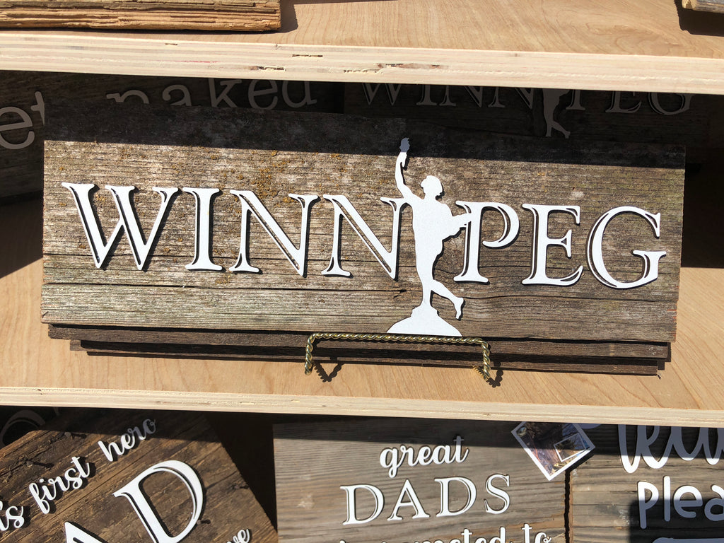 Winnipeg Golden Boy Authentic Barnwood Sign 5-6" x 15" with 3D cut letters
