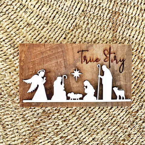 True Story Nativity Scene Mini Barnwood Magnet made with Authentic Barn Wood 3" x 5"