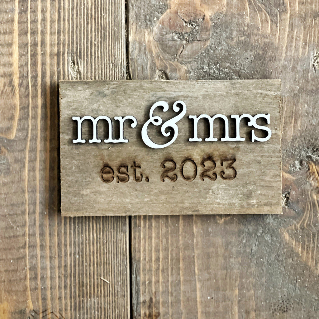 Mr & Mrs 2023 Mini Barnwood Magnet made with Authentic Barn Wood 3" x 5"