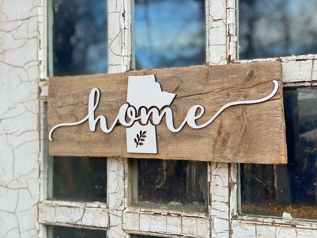 home Manitoba with flourish Authentic Barn Wood Sign 7-8" x 15” with 3D cut letters