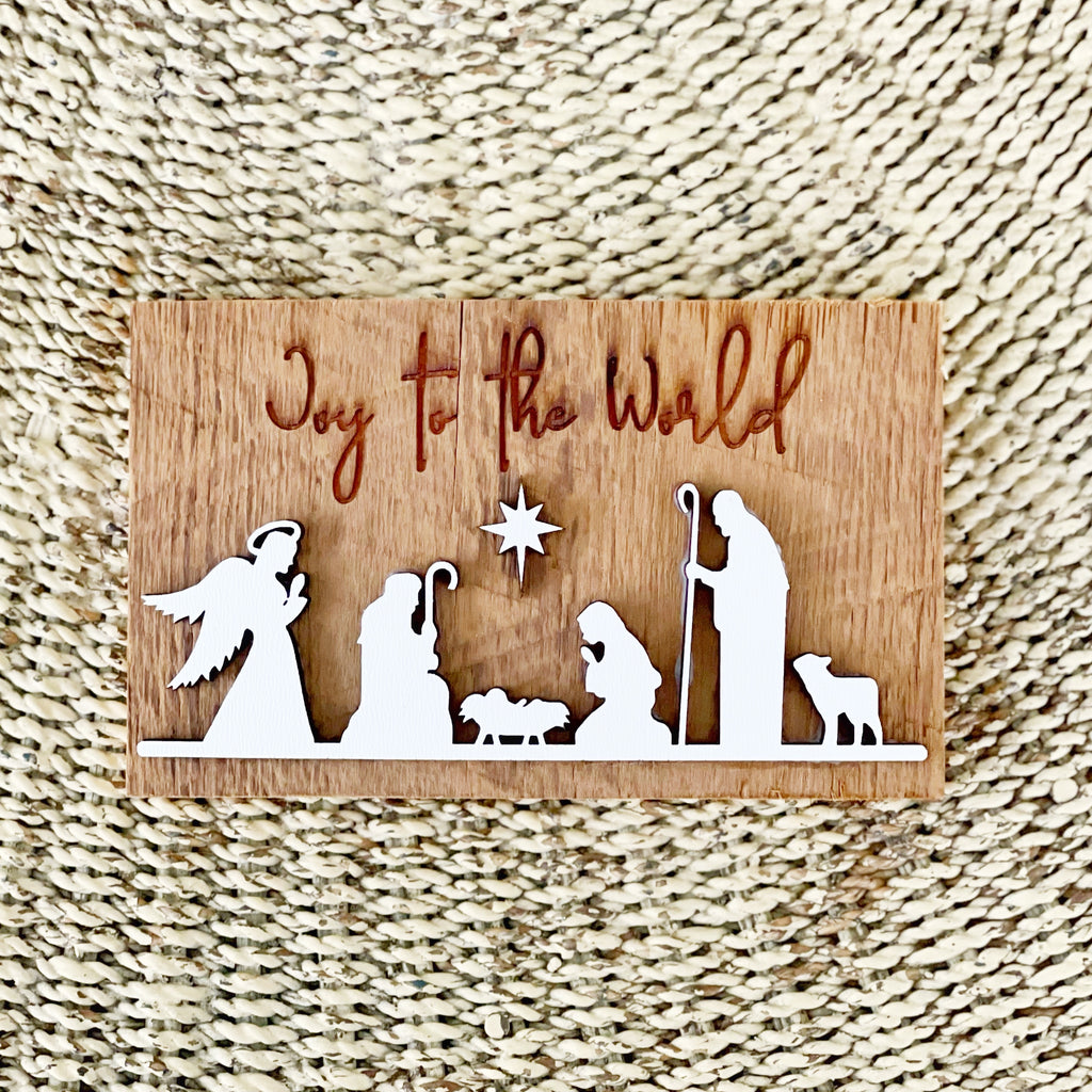Joy to the World Nativity Scene Mini Barnwood Magnet made with Authentic Barn Wood 3" x 5"