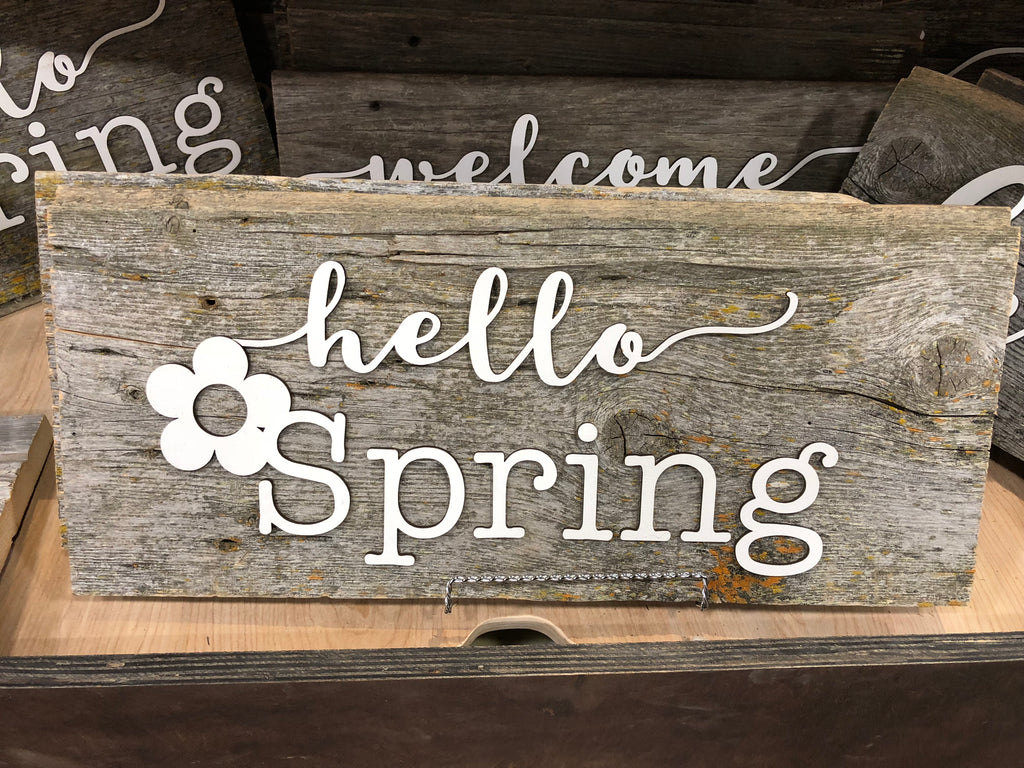 Hello Spring Athentic Barn Wood Sign 8" x 13" with 3D cut letters