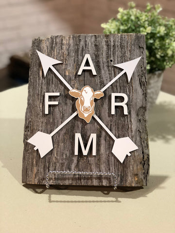 FARM with Arrows // cow Authentic Barn Wood sign 8-9” x 10”