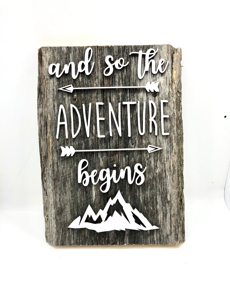 and so the Adventure Begins Authentic Barn Wood 8-9" x 12" with 3D cut letters