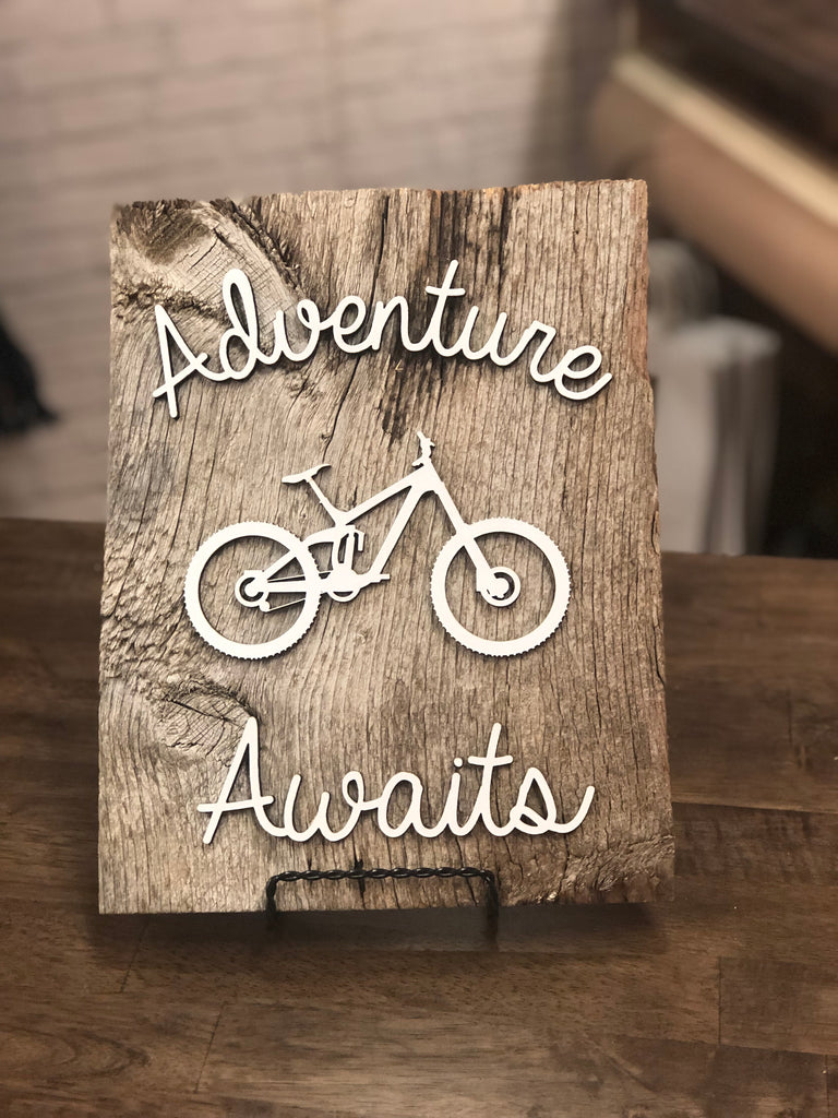 Adventure Awaits with Bike Authentic Barn Wood sign 8-9” x 12”
