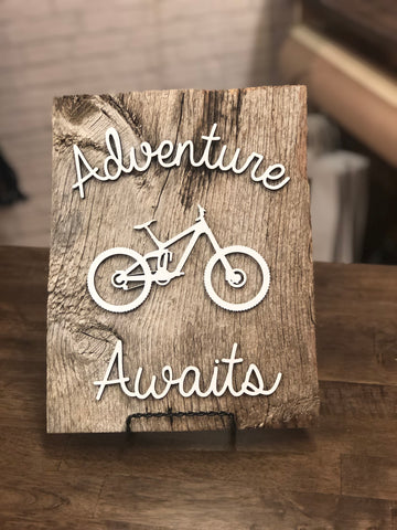Adventure Awaits with Bike Authentic Barn Wood sign 8-9” x 12”