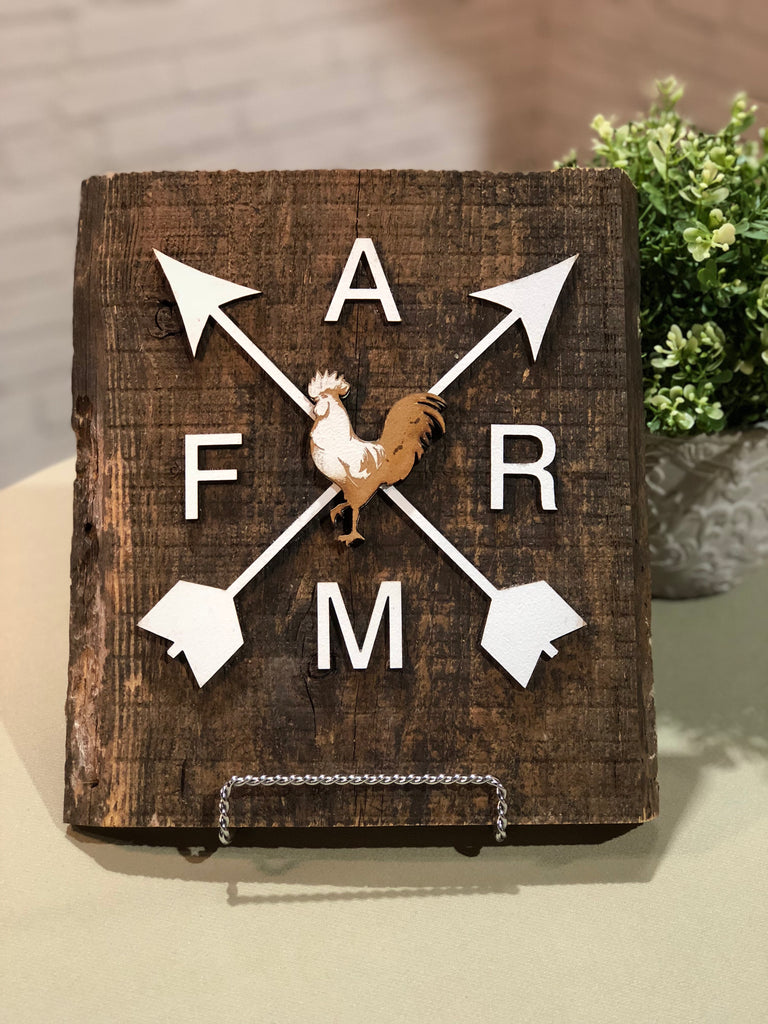 Arrows FARM - with rooster - Authentic Barn Wood Sign 7-8" x 18" with 3D cut letters