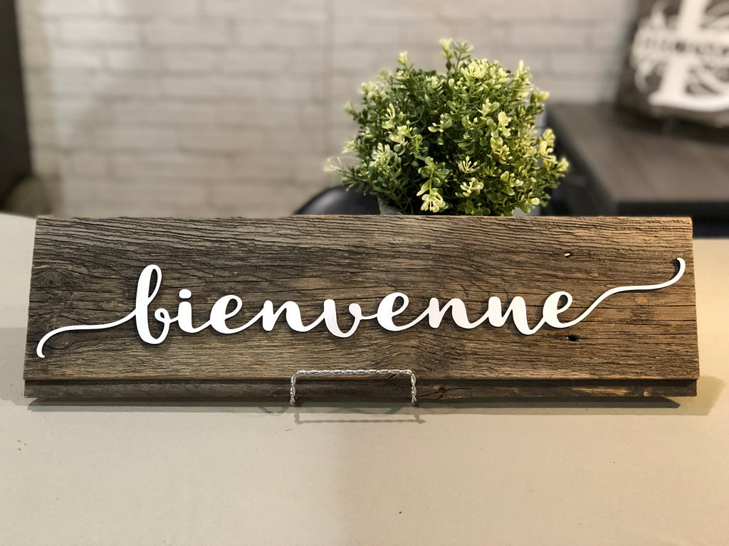 bienvenue Authentic Barn Wood Sign 5-6" x 20” with 3D cut letters